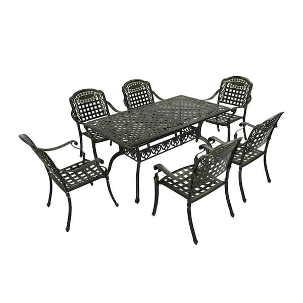 Mondawe 7-Piece Antique Bronze Cast Aluminum Outdoor Dining Set with 59 in. Rectangular Table and 6 Dining Chairs