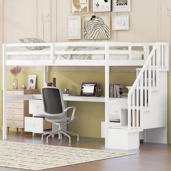White Twin Size Loft Bed with Storage Stairs, Built-in Desk and Storage Drawers
