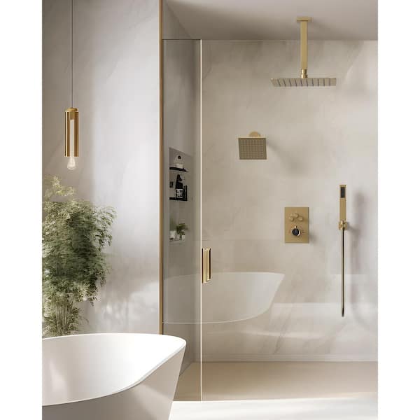 MultiplePress 12in. Dual 7-Spray Ceiling Mount Fixed and Handheld Shower Head 2.5 GPM with Basin Faucet in Brushed Gold