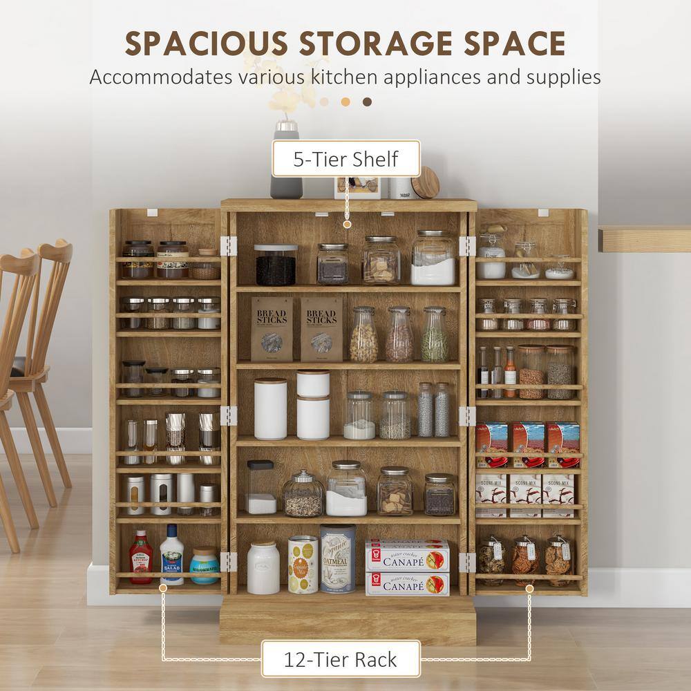 HOMCOM 40.9" Kitchen Pantry Storage Cabinet, Freestanding Kitchen Cabinet with Rattan Doors 5-Tier Shelf 12 Spice Racks Adjustable Shelves Natural