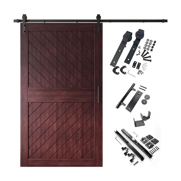 HOMACER XT4 50 in. x 84 in. C-Panel Red Mahogany Slanted Stripe Design Solid Pine Wood Sliding Barn Door with Hardware Kit