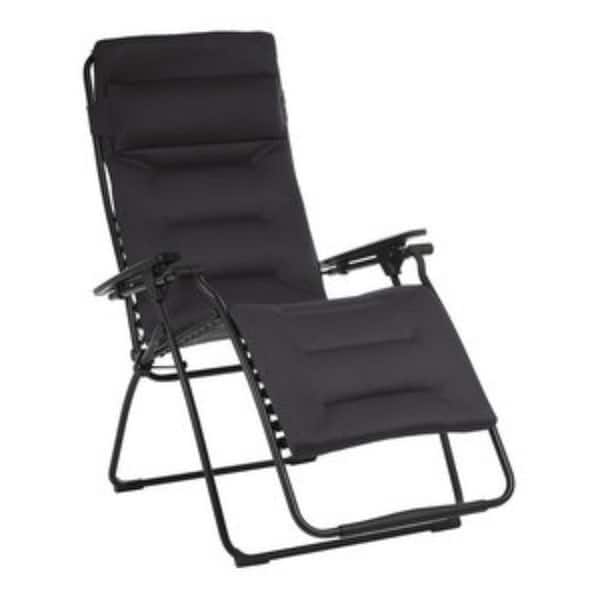 26 in. Black Steel Outdoor Recliner Chair with Black Cushion