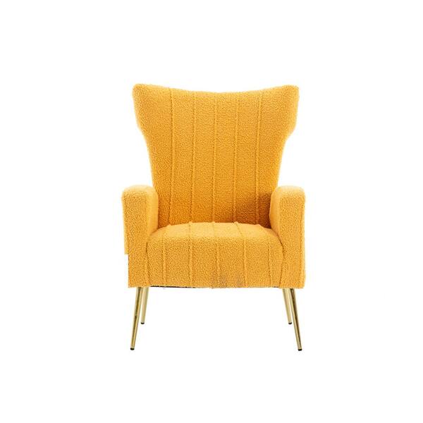 HOMEFUN Mustard Yellow Teddy Fabric Wingback Chair with Golden Legs ...