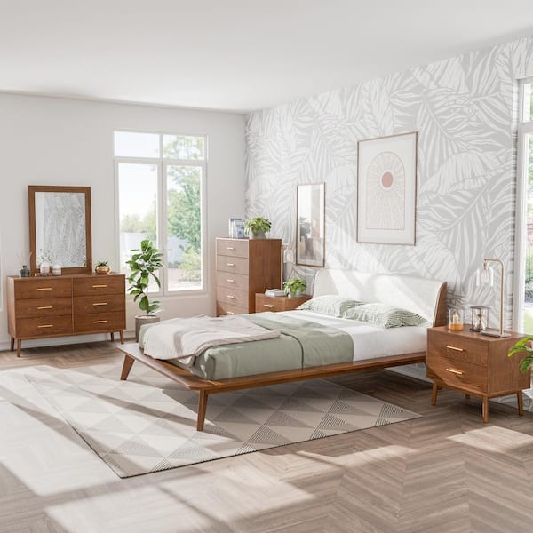 Furniture of America Riverstone 6-Piece Mid Century Boucle Walnut Wood Queen Platform Bedroom Set with Anti-Tip Interlock System