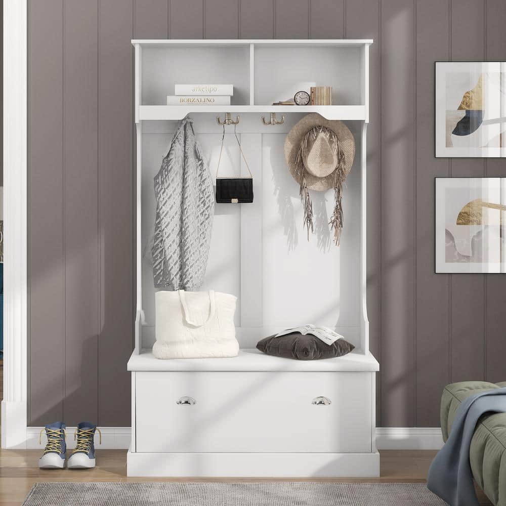 Asucoora Angelique White 40 in. W x 72 in. H Hall Tree with Shoe Bench ...