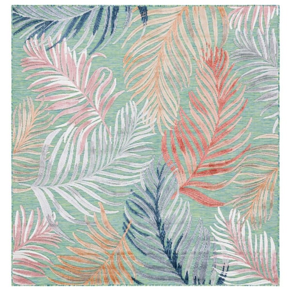 Cabana Green/Rust 3 ft. x 3 ft. High-Low Oversized Leaf Indoor/Outdoor Square Area Rug