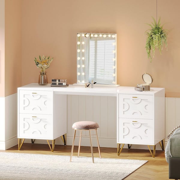 Helotes White Makeup Vanity Desk with 4-Drawers, 59 in. Large Dressing Table with Unique Metal Gold Legs (Only Desk)