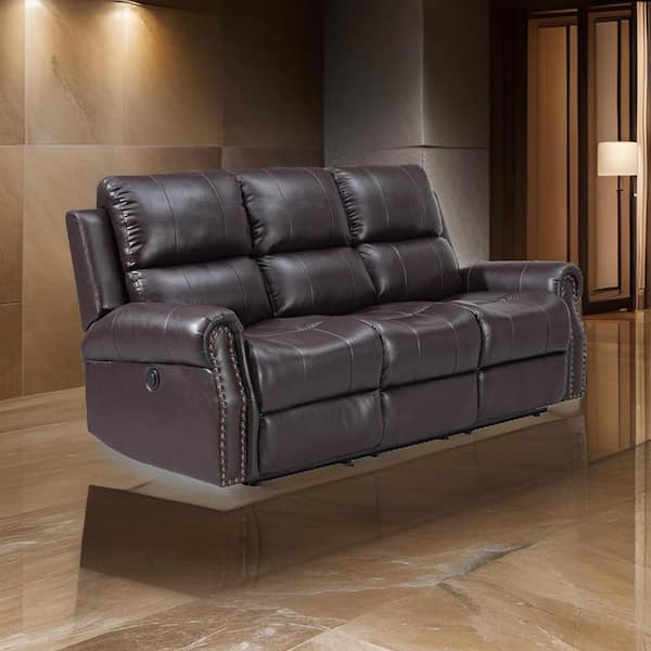 Benjara 83.46 in. Round Arm Fabric Rectangle Recliner Sofa in Brown