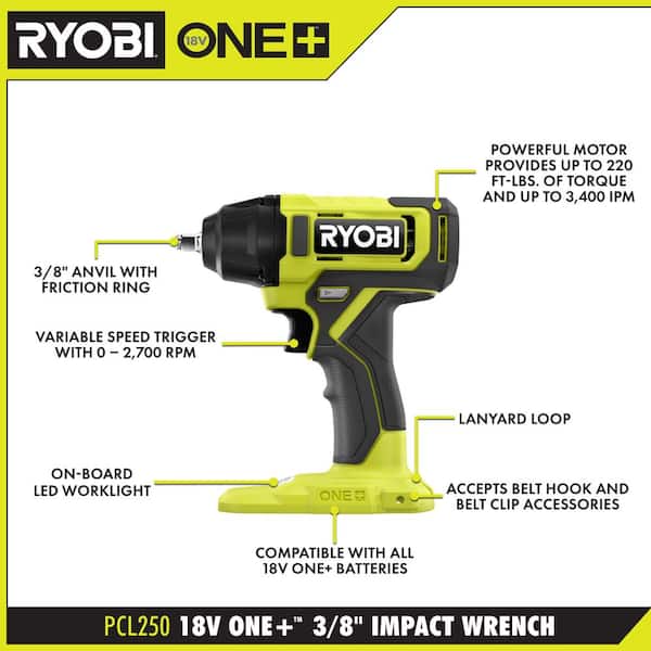 RYOBI ONE+ 18V Cordless 3/8 in. Impact Wrench Kit with 4 Ah Battery, 2Ah Battery, and 18V Charger PCL250K2SB