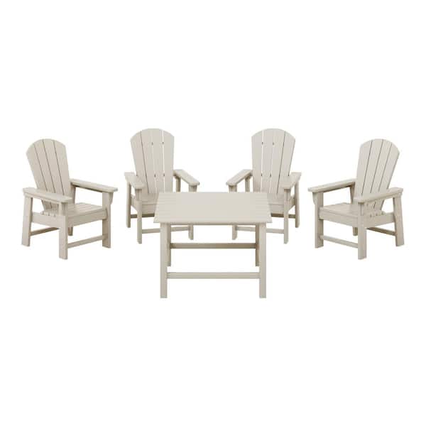 Children's Laguna Outdoor Patio All Weather Plastic 5-Piece Kids Adirondack Square Picnic Table Dining Set in Sand