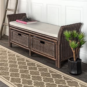 Tropic Brown Bench 52 in. 2-Drawer Wicker Storage with Linen Cushion
