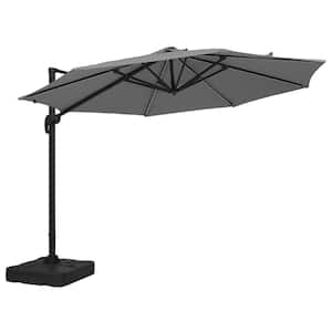 11 ft. Solar LED Outdoor Market Cantilever Patio Umbrella in Gray, with Crank and Base