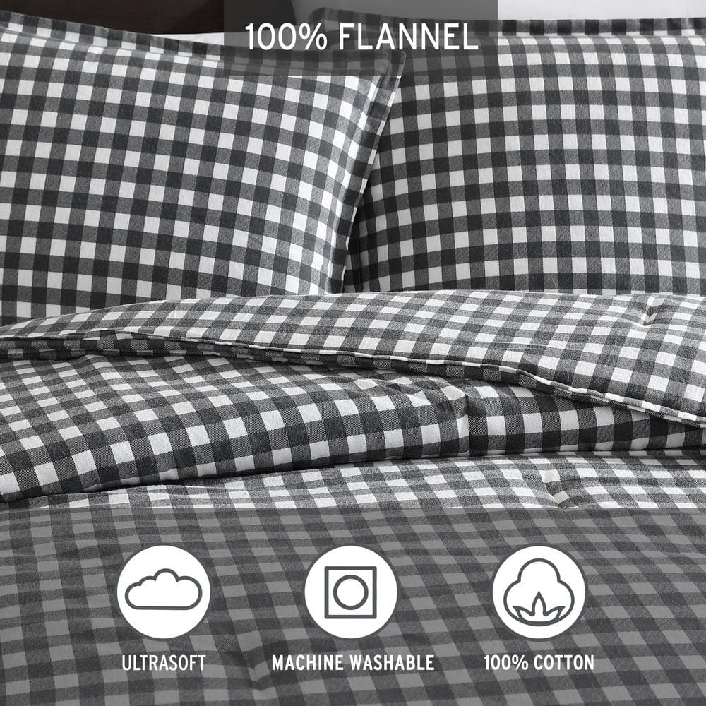 Full Gray Cotton Flannel Reversible Comforter Set with Shams