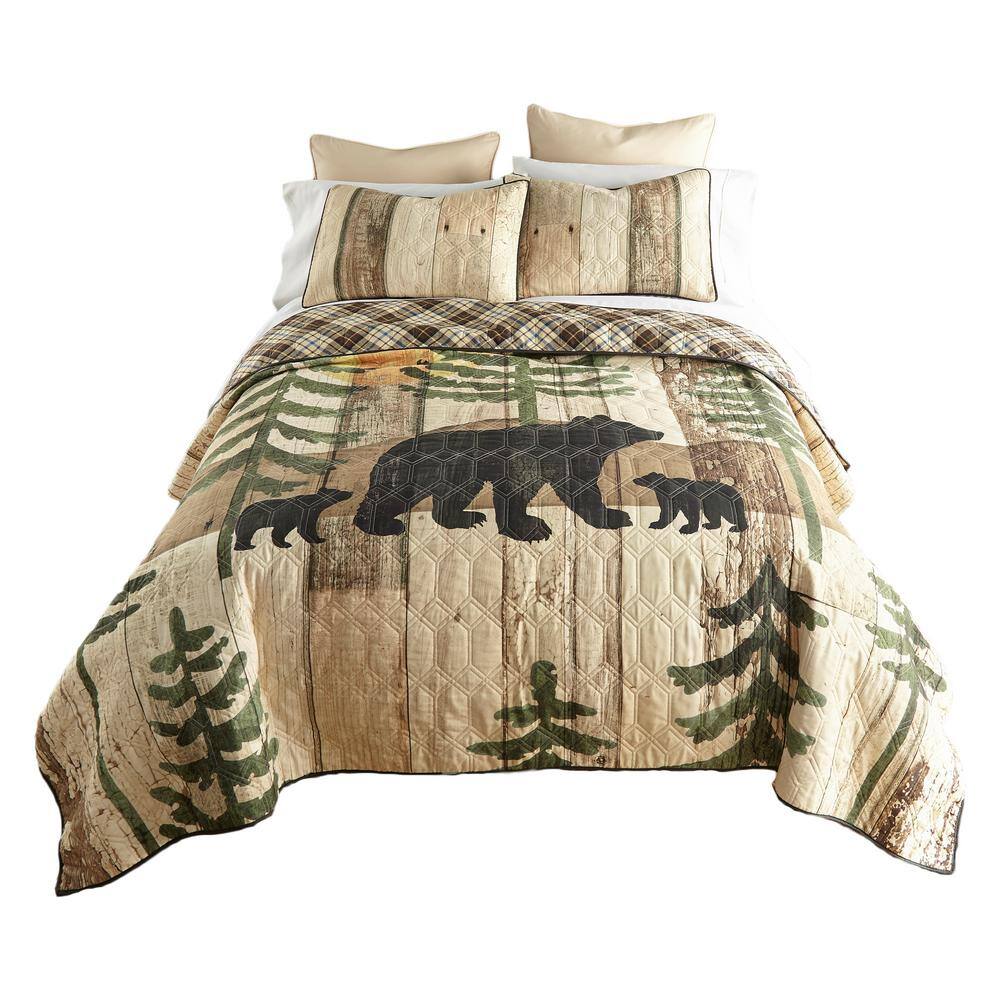 Rustic Black Bear and Plaid Reversible King Microfiber Quilt Set