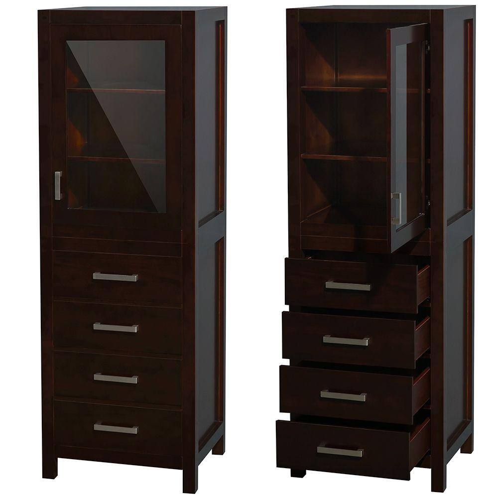 Espresso Solid Wood Freestanding Linen Cabinet with Glass Door
