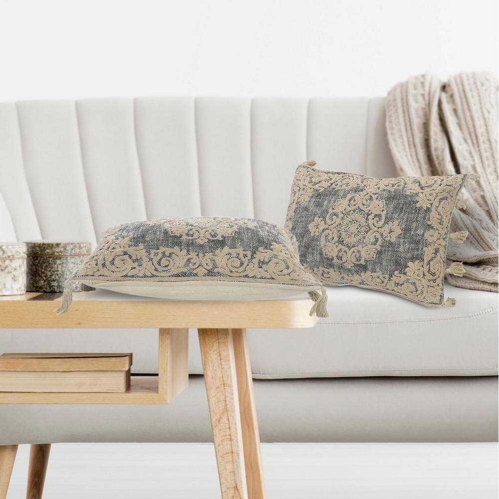 Gray and Beige Embroidered Rectangular Lumbar Pillow