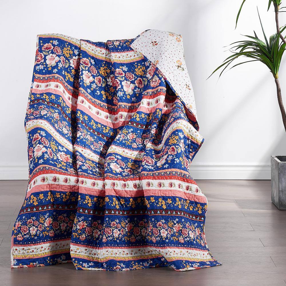 Marsha Blue and Pink Floral Reversible Throw Blanket
