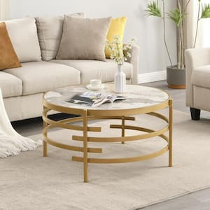 32.48 in. Modular Round Coffee Table Pandora Sintered Stone Top with Sturdy Metal Golden Frame for Living Room