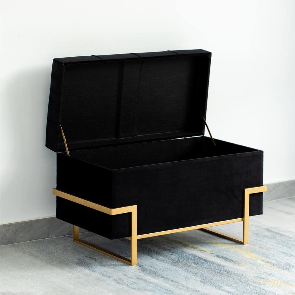 Elegant Black Velvet Storage Ottoman with Golden Metal Legs