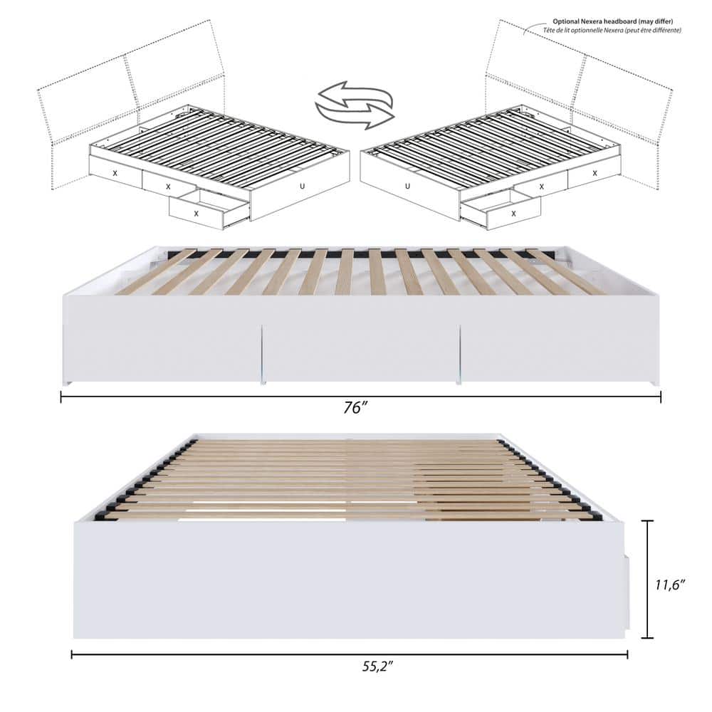 Reversible Full/Double White Wood Frame Storage Bed with 3 Drawers