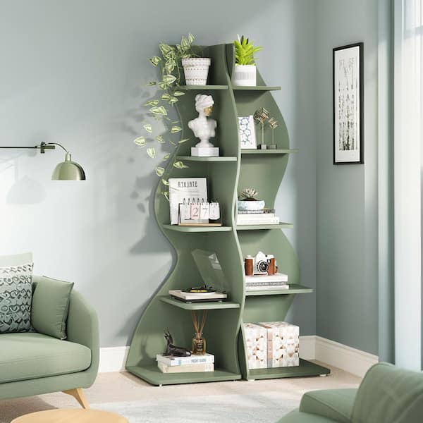 Modern 70 in. Tall Green Wood 5-Shelf Corner Bookcase with Ample Storage and Space-Saving Design for Living room, Office