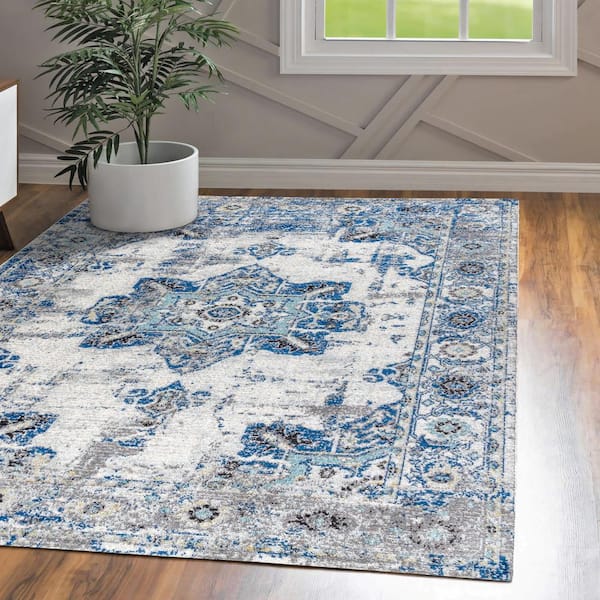 JONATHAN Y Modern Persian Boho Vintage Medallion Cream/Blue 4 ft. x 6 ft. Area Rug