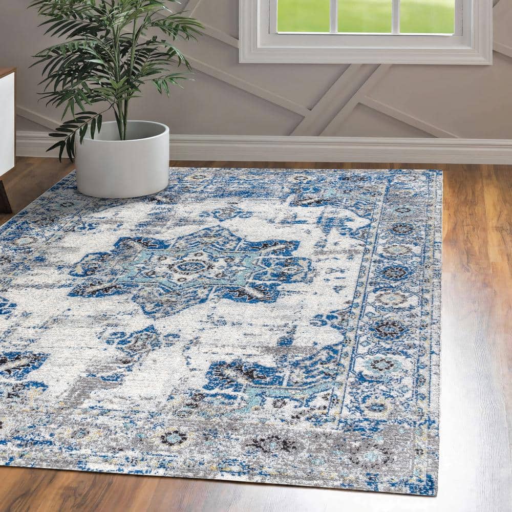 Ivory and Blue Persian Boho Vintage Medallion Area Rug