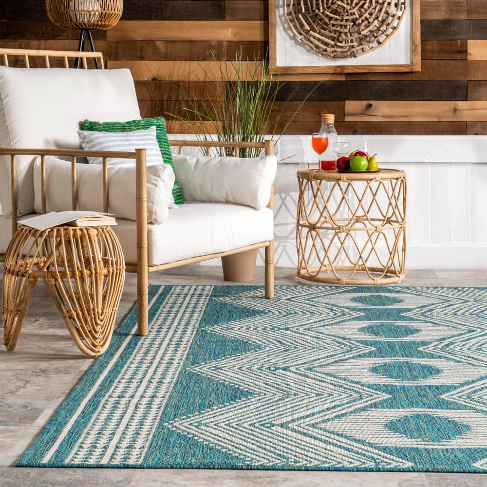 Geometric Light Brown and Green Synthetic Indoor/Outdoor Rug