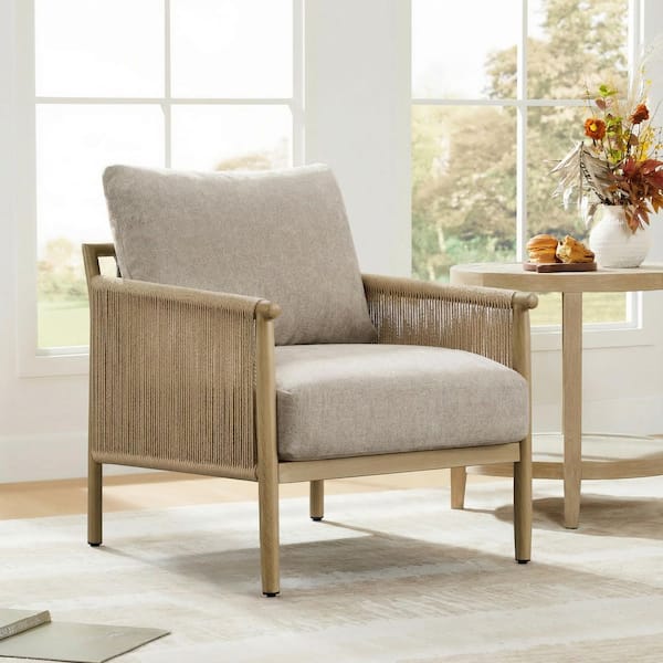 Bennett Mink Gray Natural Wood-Like Finish Fabric Braid Accent Chair with Hand-Woven Rope Armrests