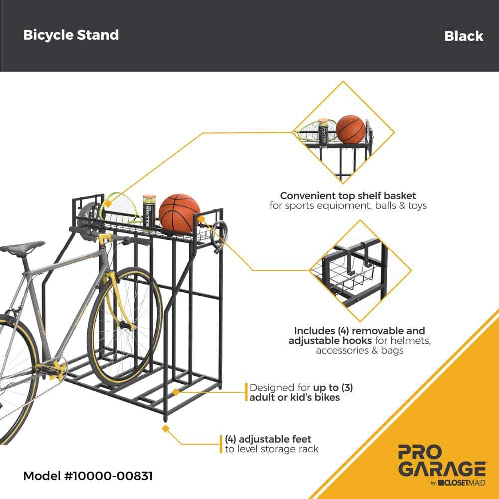 Black Metal Freestanding 3-Bike Storage Rack with Hooks