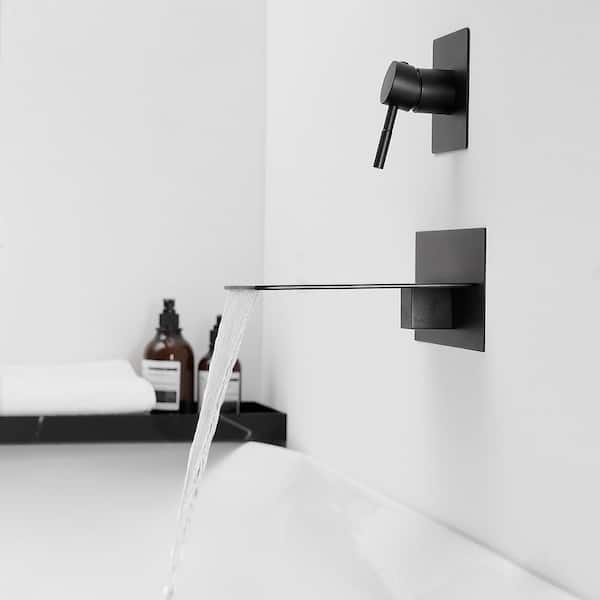 Single Handle Wall Mount Bath Spout Waterfall Tub Black Faucet Bathtub Filler in Matte Black