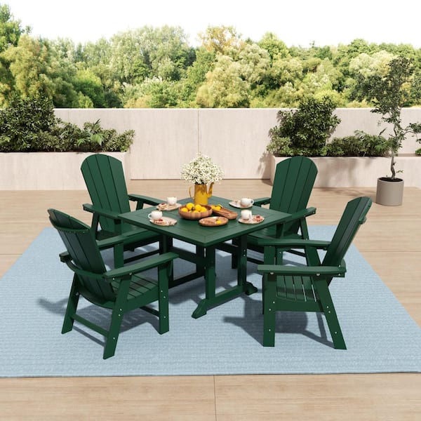 Laguna Outdoor Patio Adirondack Weather Resistant Dark Green 5-Piece HDPE Plastic Square Table Dining Set