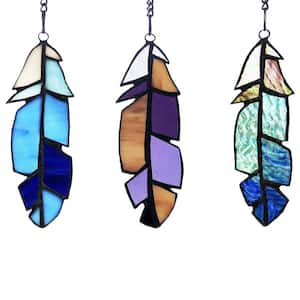 Multi-colored Set-of-3 Feather Stained Glass Window Panel