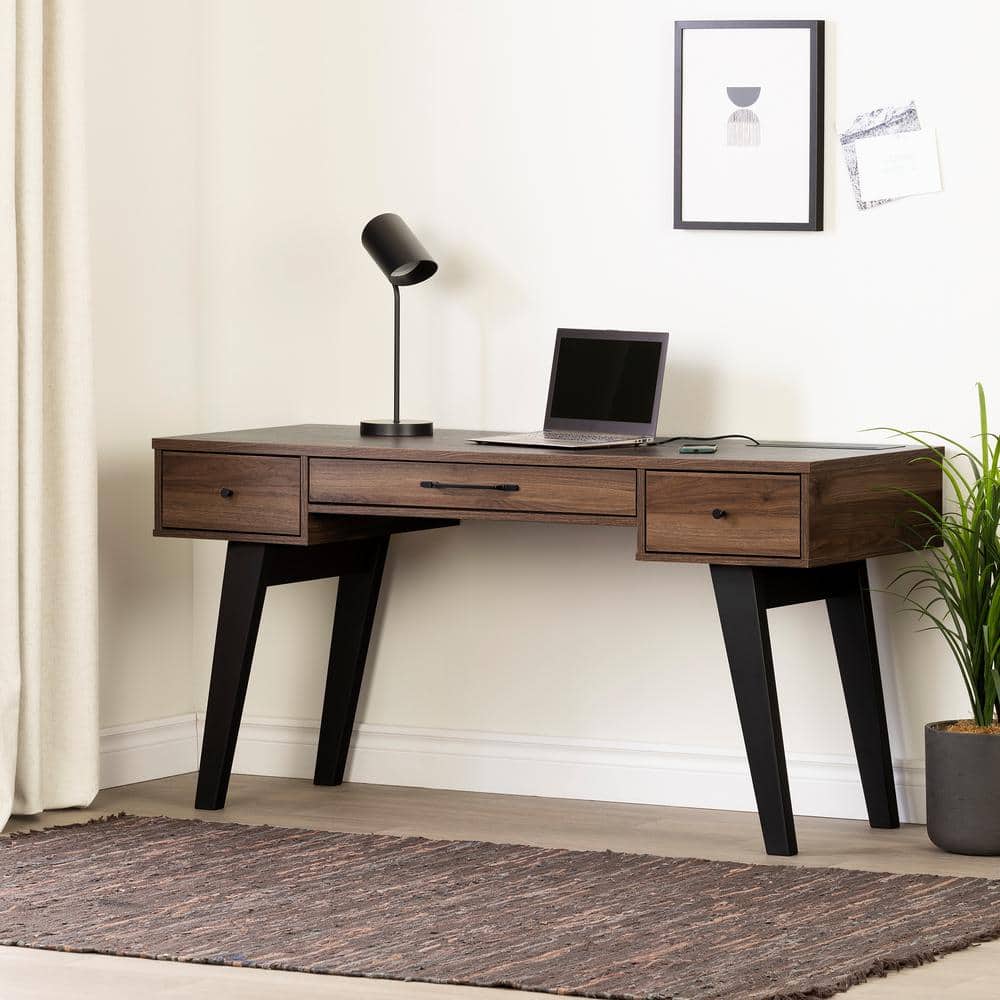 Natural Walnut Computer Desk with Power Outlet and USB Ports