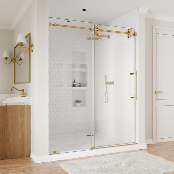 60 in. W x 80 in. H Single Sliding Frameless Shower Door in Brushed Gold with Smooth Sliding and 3/8 in. Clear Glass