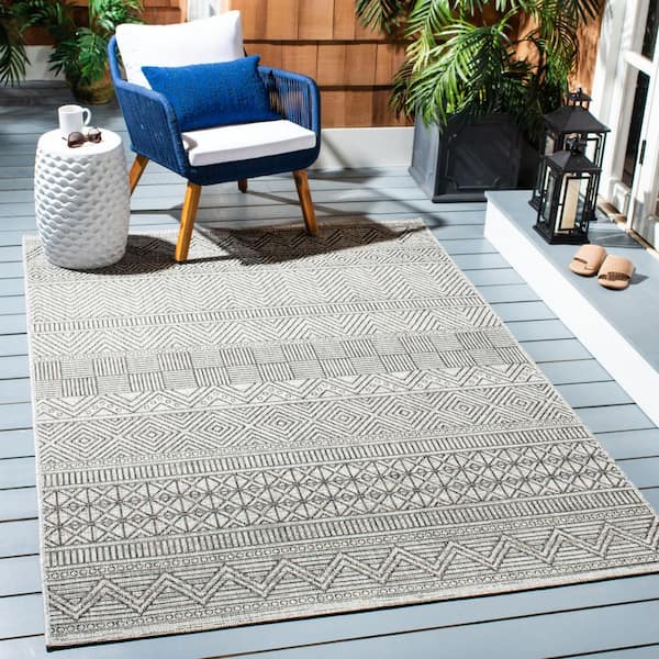 Courtyard Black/Gray 4 ft. x 4 ft. Striped Tribal Chevron Indoor/Outdoor Patio  Square Area Rug