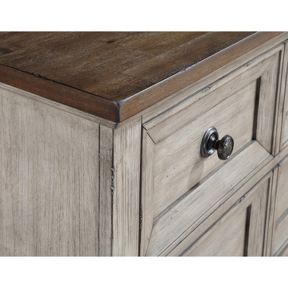 Vintage Creme Acacia Wood 5-Drawer Chest with Walnut Top