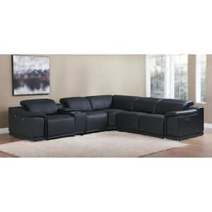 123 in. Pillow Top Arm 6-piece Leather U-Shaped Sectional Sofa in. Black