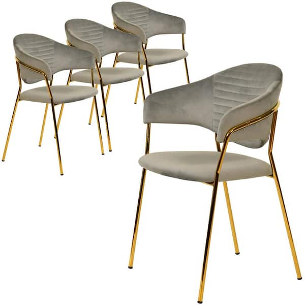 Leisuremod Upholstered Velvet Dining Chair with Gold Stainless Steel Base Bella Collection Set of 4 in Light Grey Velvet