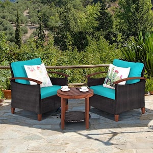 3-Piece Wicker Rattan Patio Conversation Set Outdoor Furniture Set with Turquoise Cushion