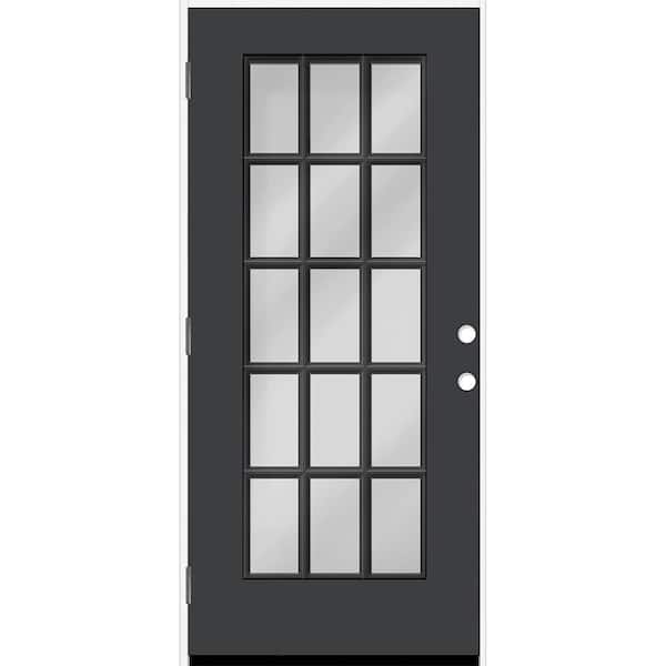 Steves & Sons Reliant 36 in. x 80 in. Full Lite 15L SDL Clear Glass RHOS Black Finish Fiberglass Prehung Front Door w/4-9/16 Jamb