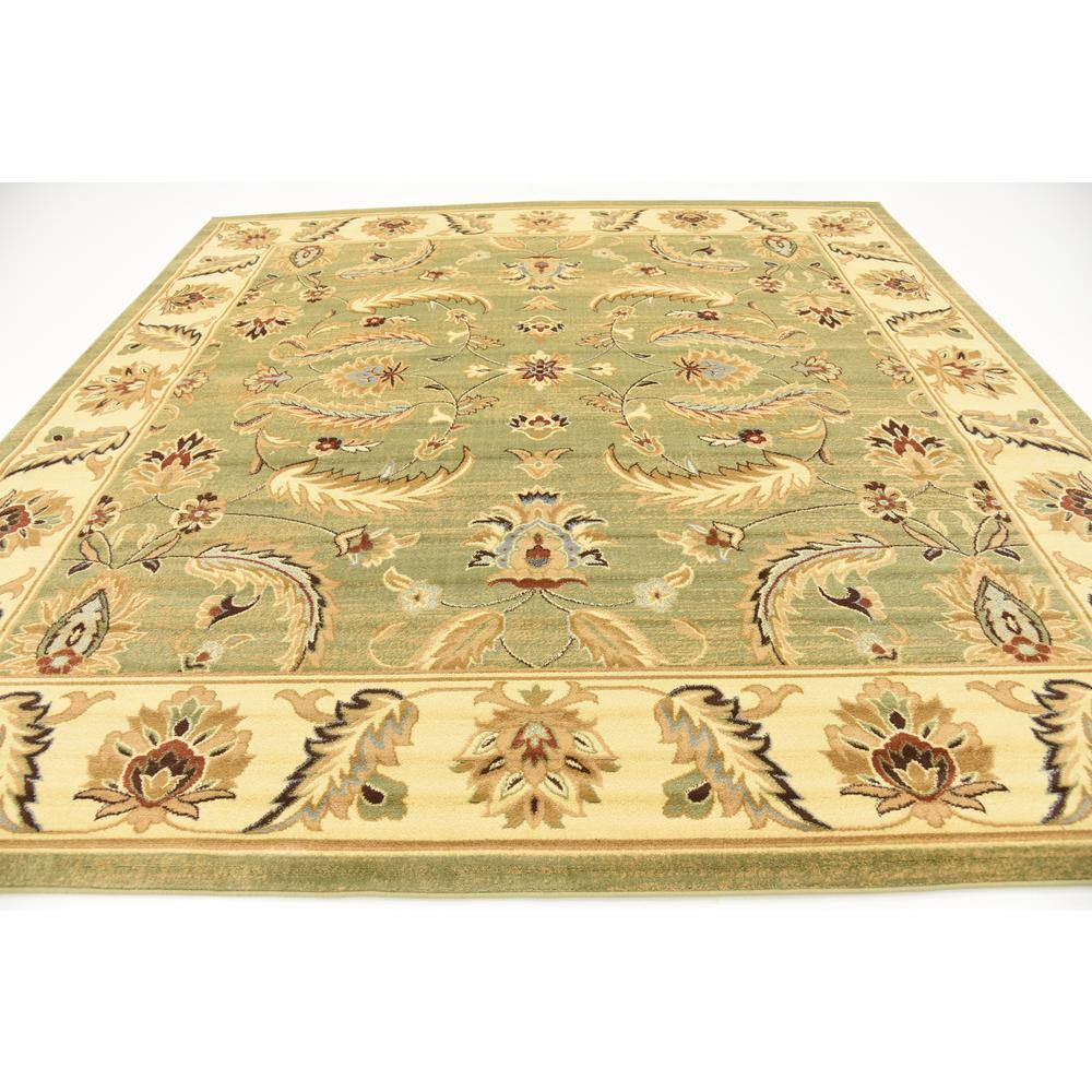 Green Floral Square Stain-Resistant Synthetic Area Rug