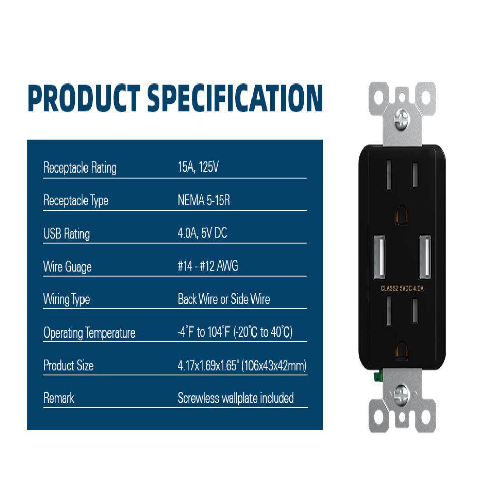 Black 15A Tamper Resistant Duplex Outlet with USB-C Ports