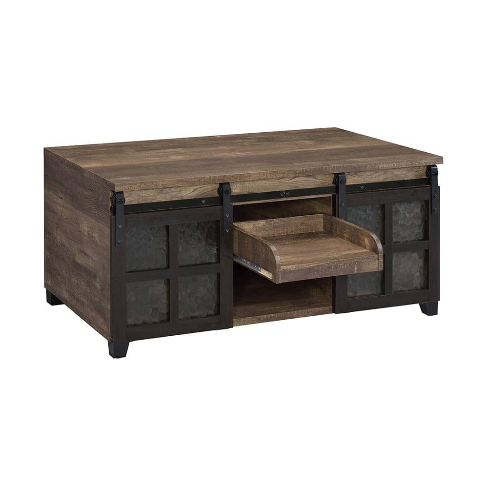 Rustic Oak and Black Rectangular Wood Glass Coffee Table with Storage