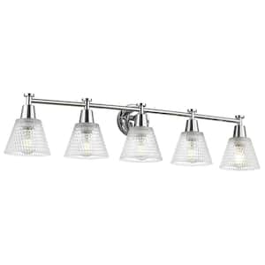 37.4 in. 5-Light Chrome Vanity Light with Hammered Glass Shade Bathroom Lights Over Mirror for Kitchen
