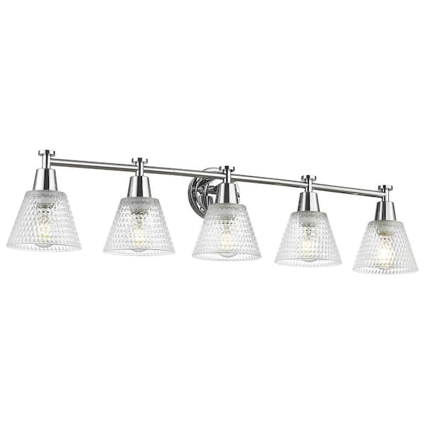 JAZAVA 37.4 in. 5-Light Chrome Vanity Light with Hammered Glass Shade Bathroom Lights Over Mirror for Kitchen
