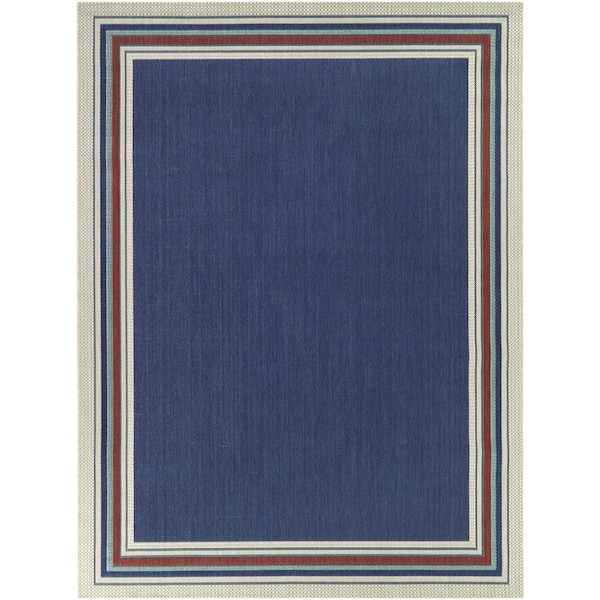 Hampton Bay Blue 6 ft. x 9 ft. Striped Border Indoor/Outdoor Area Rug