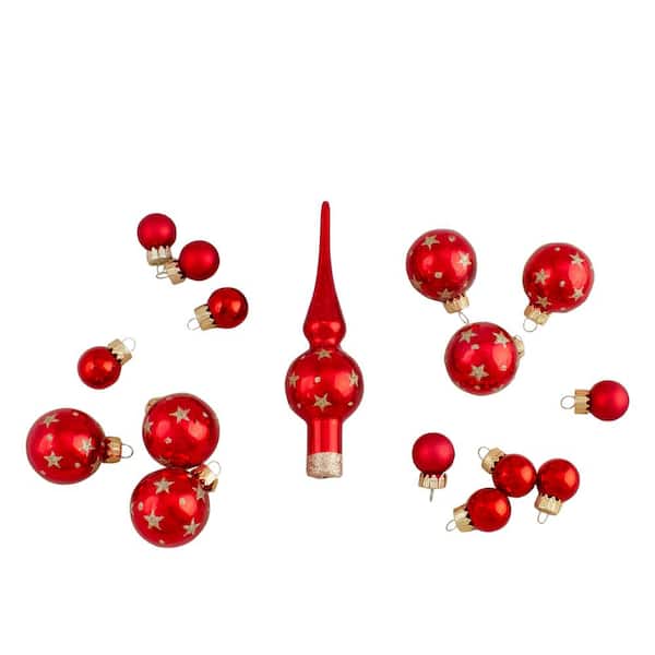 Northlight Set of Assorted Red Glass Christmas Ball Ornaments with Tree Topper (16-Piece)
