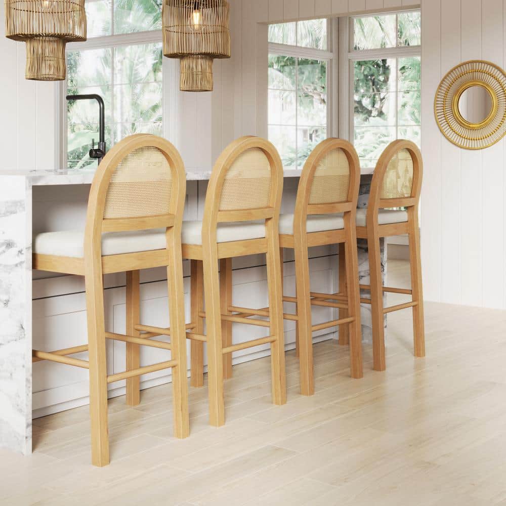 Bailey 29 in. Upholstered Boucle Rattan and Wood Bar Height Bar Stool w/ Woven Back, Cream Boucle/Warm Pine, Set of 4 price history on PriceWatchPro