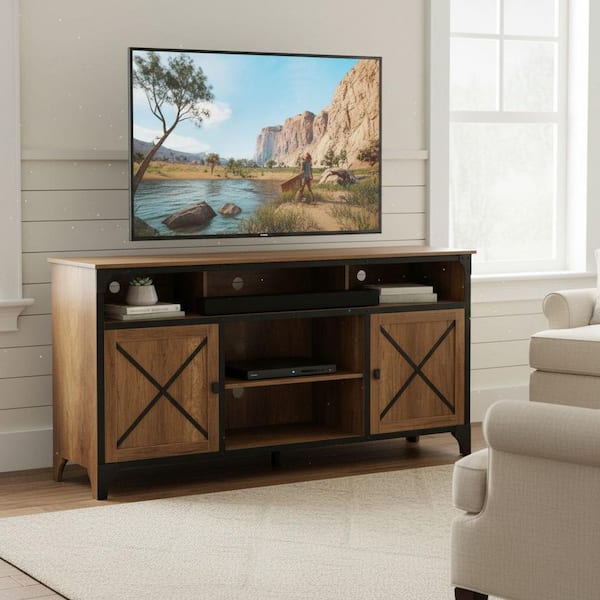 TVSE 65 in. Vintage Walnut Farmhouse TV Stand with 2 Barn-Style Doors, Adjustable Shelves and Power Outlet